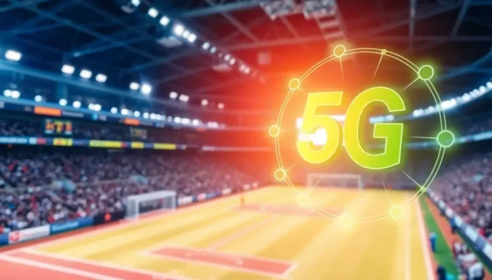 Sports scene with a 5G symbol highlighting technology's role in sports.