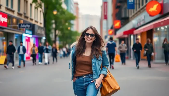 An individual walking through a busy city street, dressed in stylish, comfortable casual wear.
