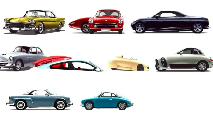 Collage of car designs from various decades demonstrating fashion influence.