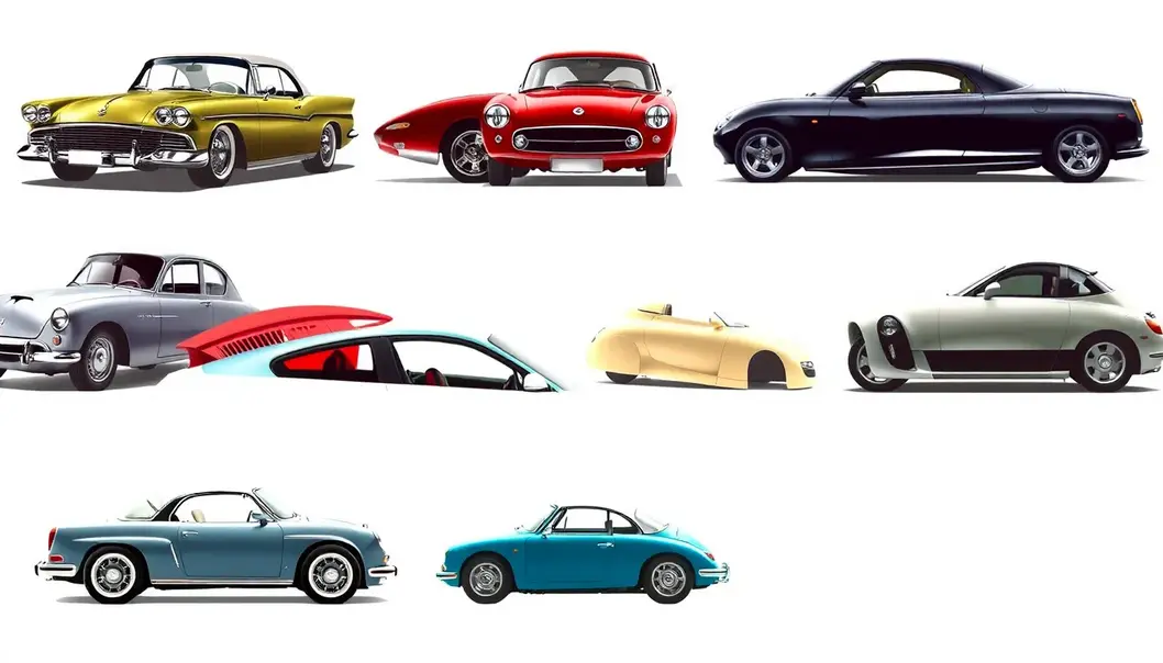 Collage of car designs from various decades demonstrating fashion influence.