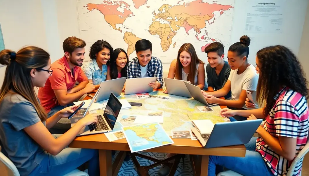 Teenagers eagerly exploring flight deals.