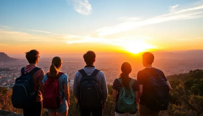Teenagers with backpacks enjoying a sunset view from a hill, overlooking a vibrant cityscape.